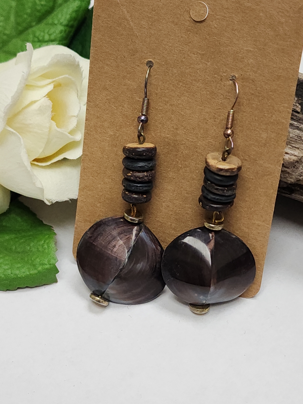 Vintage Artisan Brownish Grayish Shell And Coconut Drop Earrings
